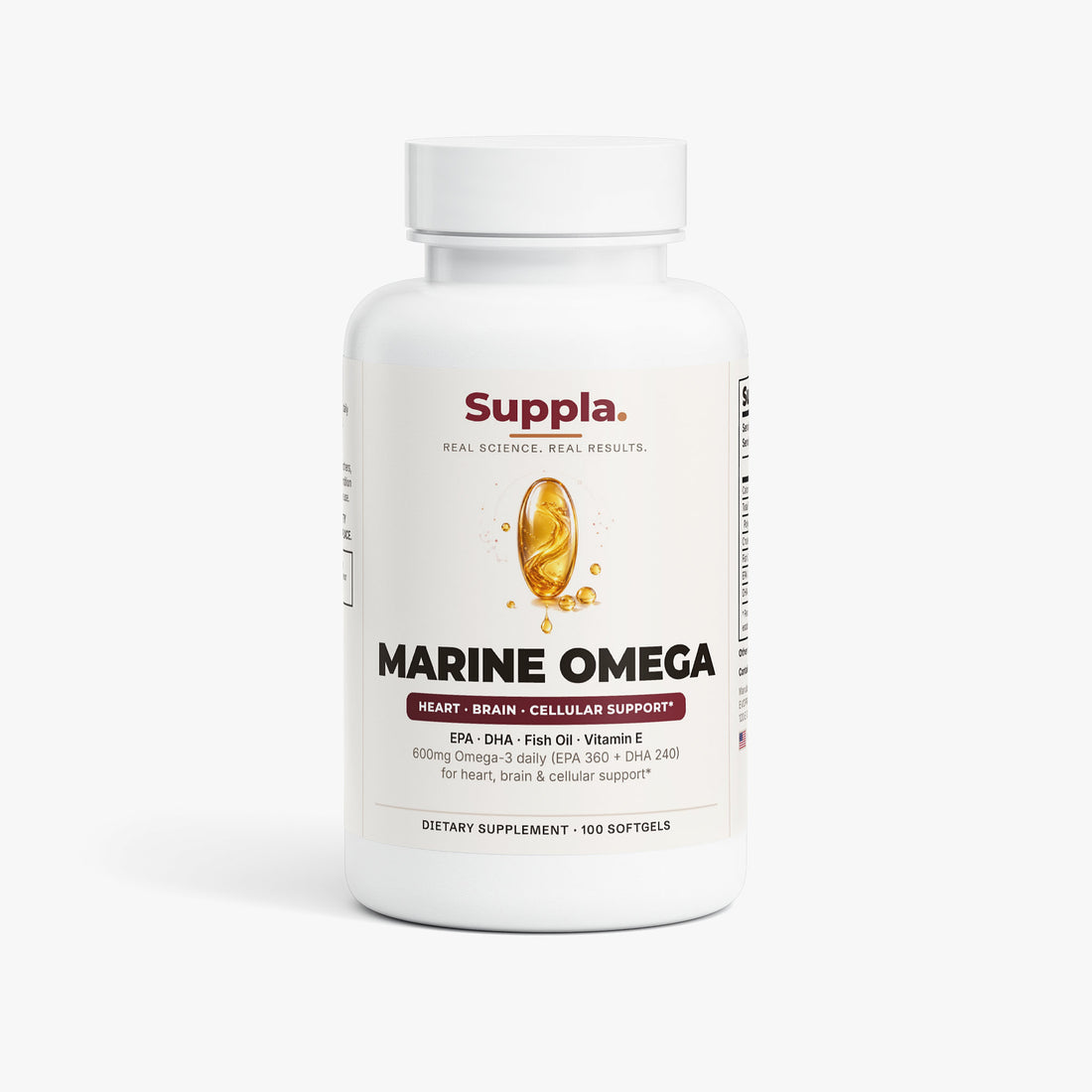 Suppla Marine Omega supplement bottle, front packshot