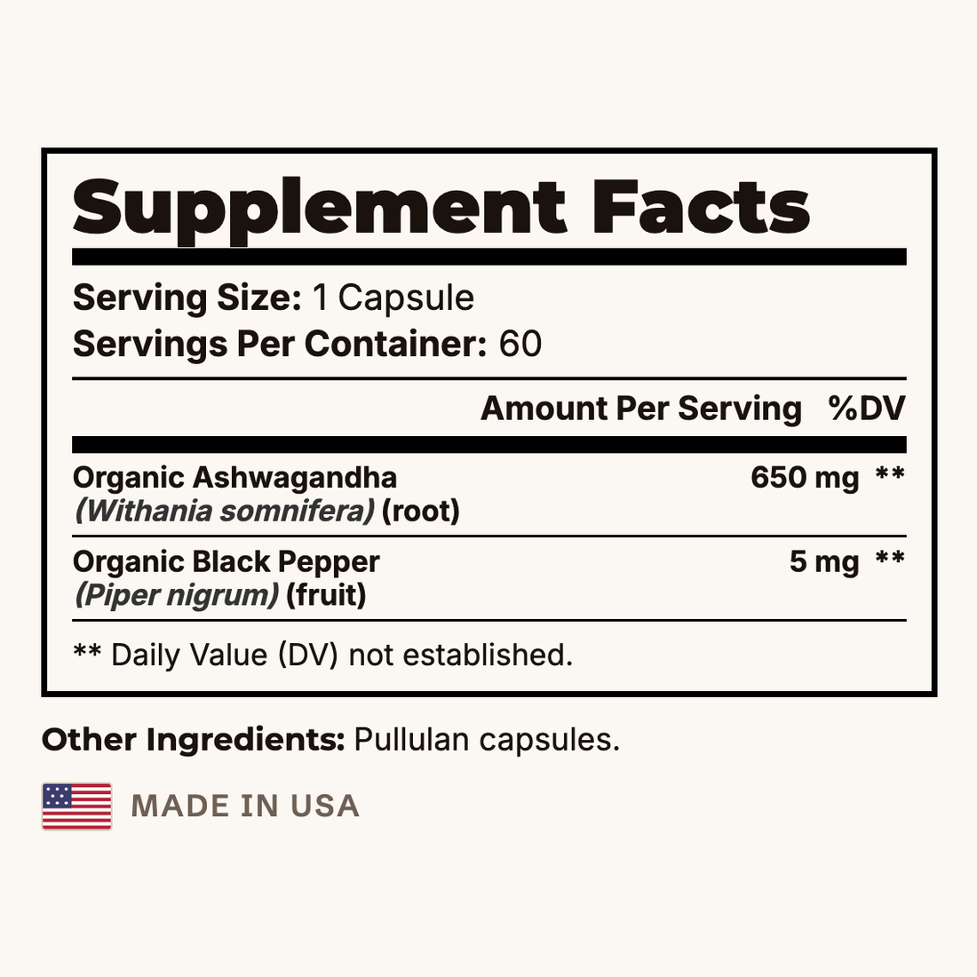 Ashwagandha Supplement Facts panel