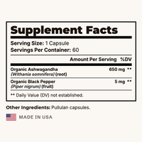 Ashwagandha Supplement Facts panel