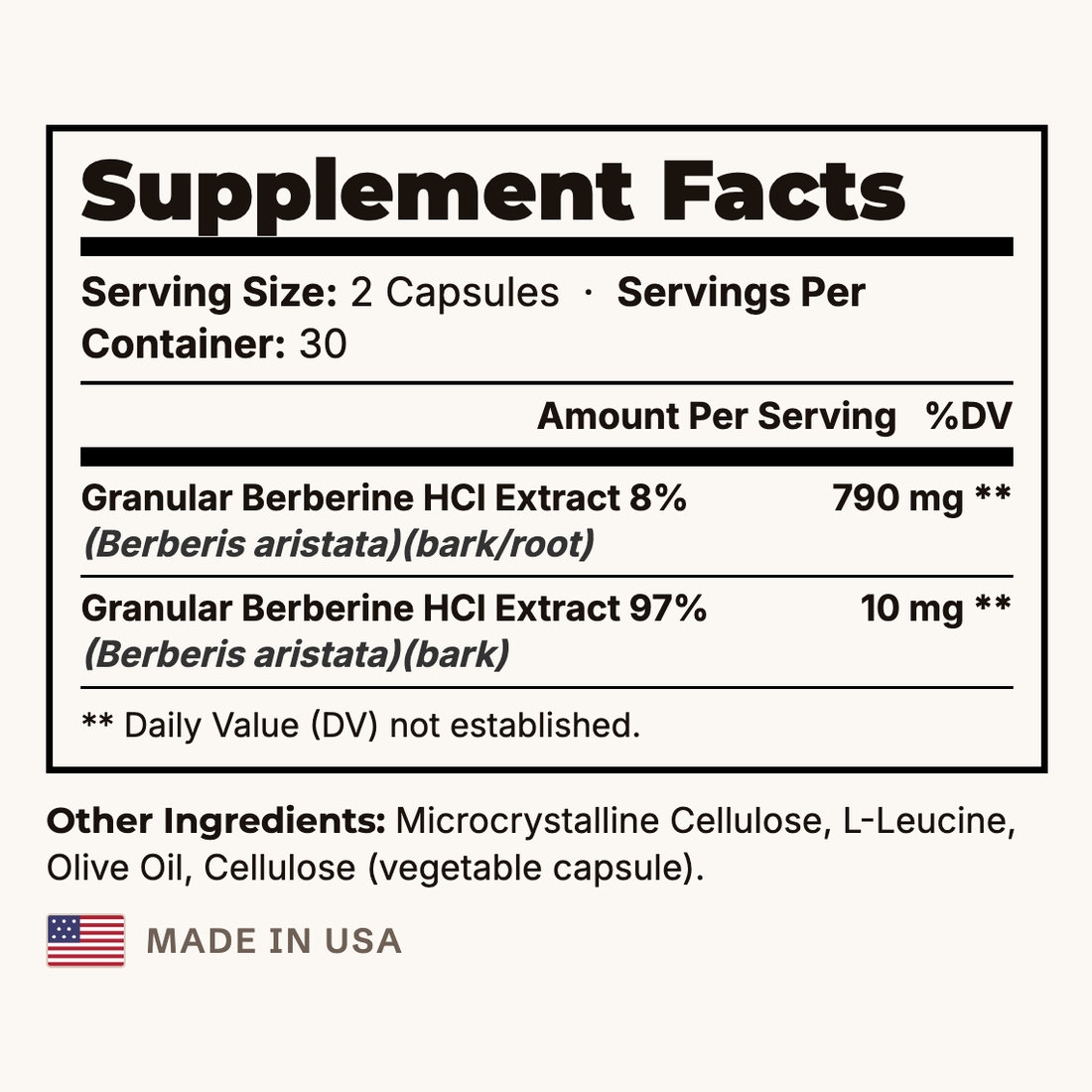 Berberine HCL Supplement Facts panel
