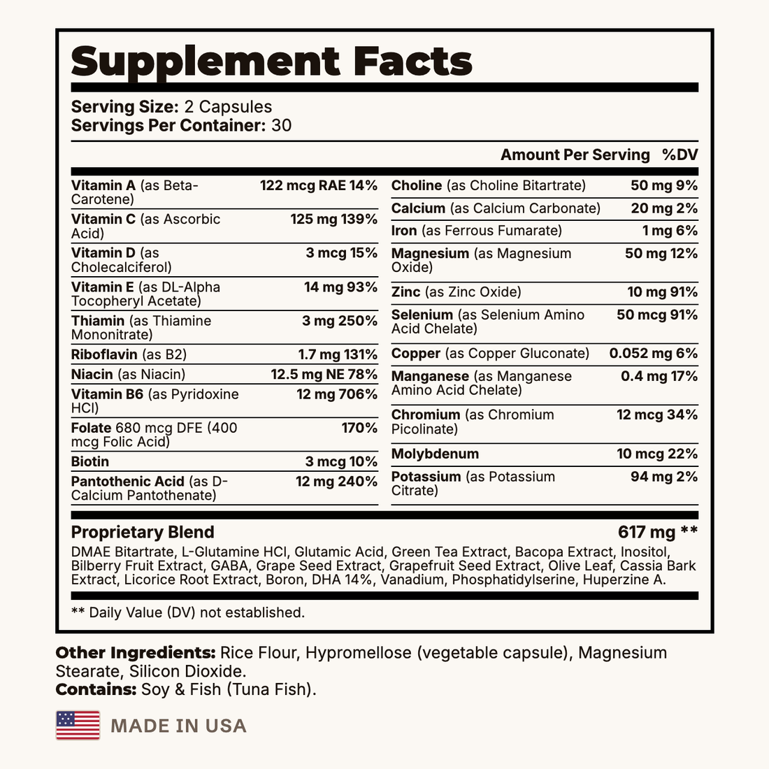 Brain & Focus Supplement Facts panel