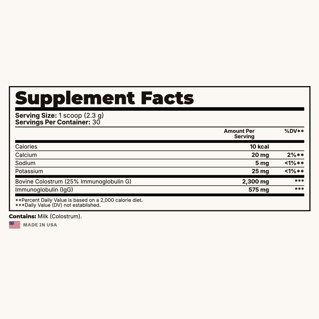 Colostrum Powder Supplement Facts panel