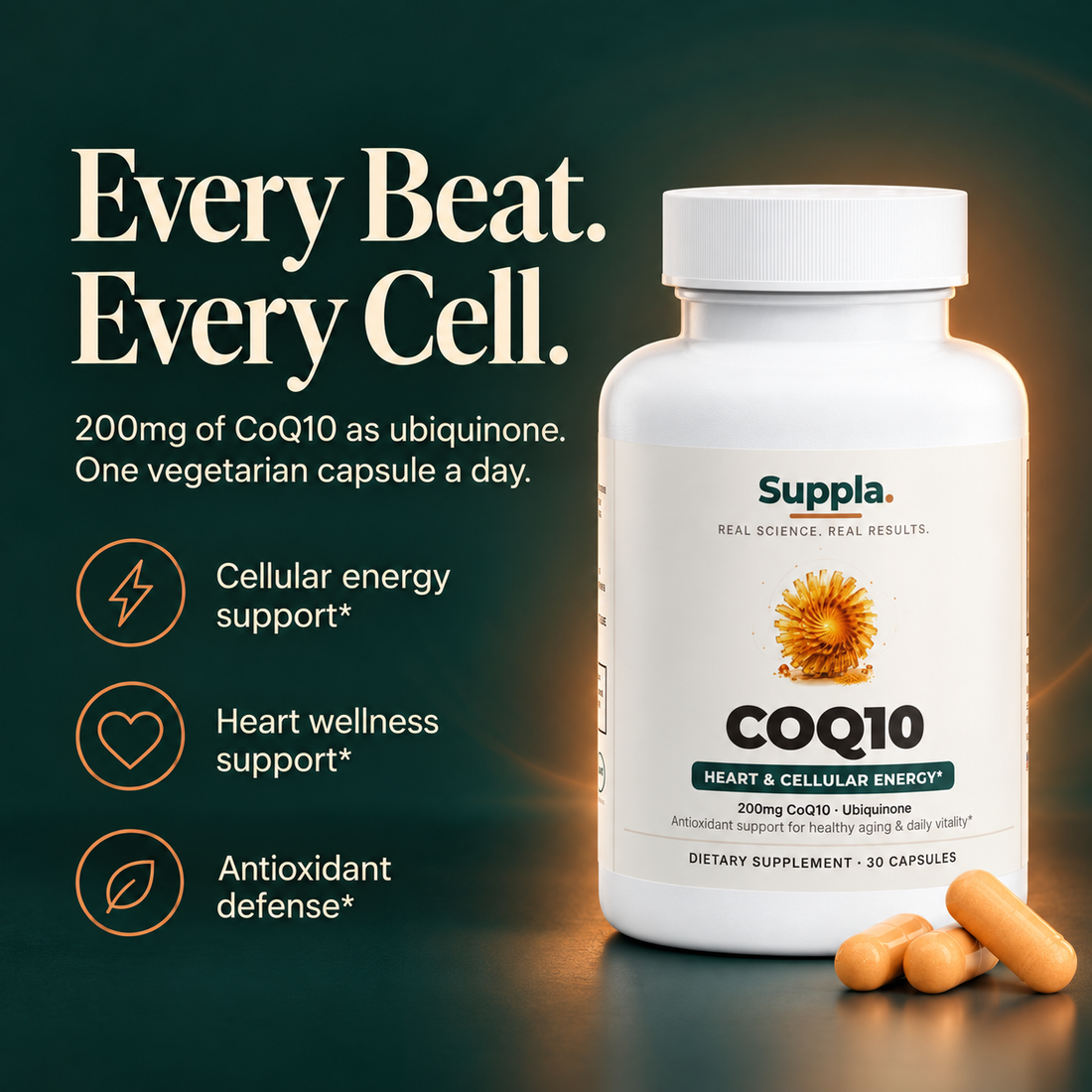 Suppla CoQ10 200mg ubiquinone for cellular energy, heart and antioxidant support