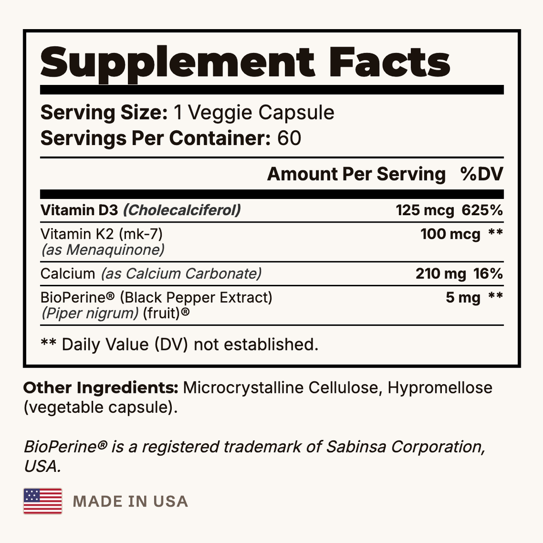 D3 + K2 Bone & Heart Support Supplement Facts panel