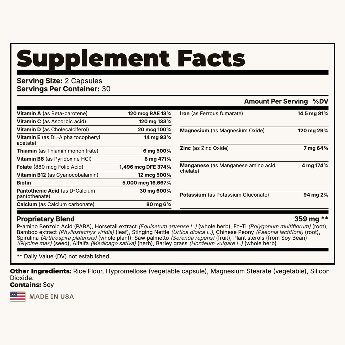Hair Vitality Follicle Support Supplement Facts panel