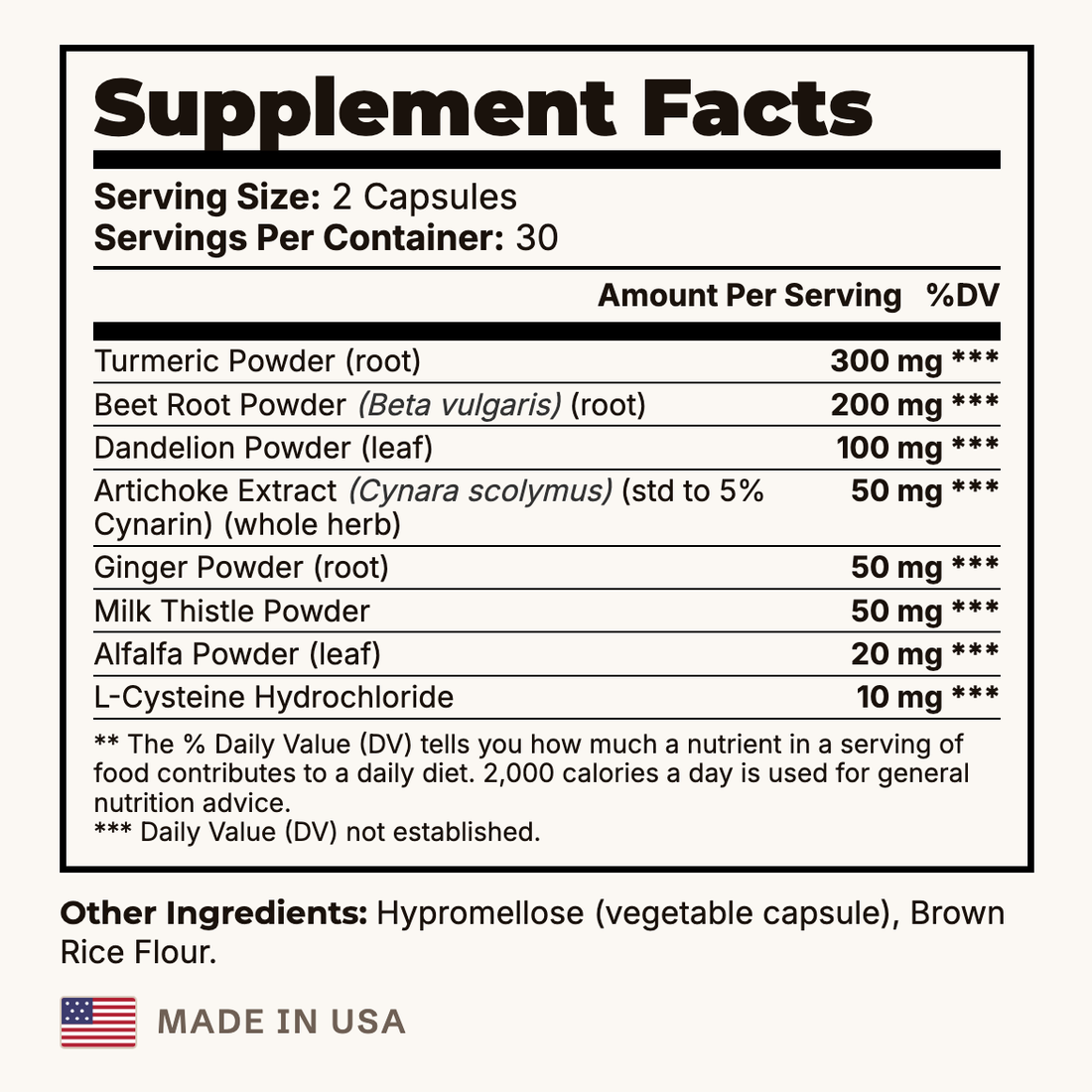 Liver Support Supplement Facts panel