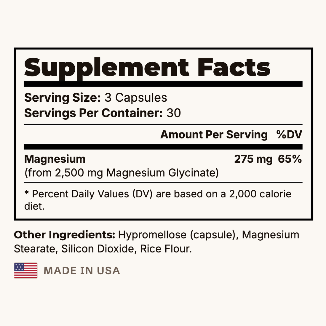 Magnesium Glycinate Supplement Facts panel