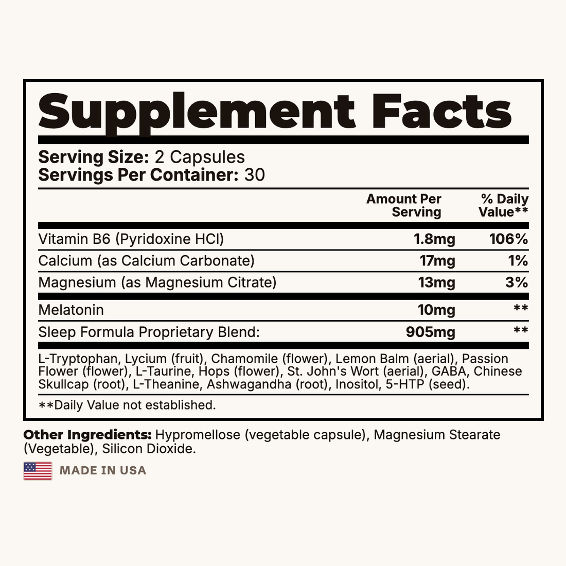 Melatonin Sleep Supplement Facts panel