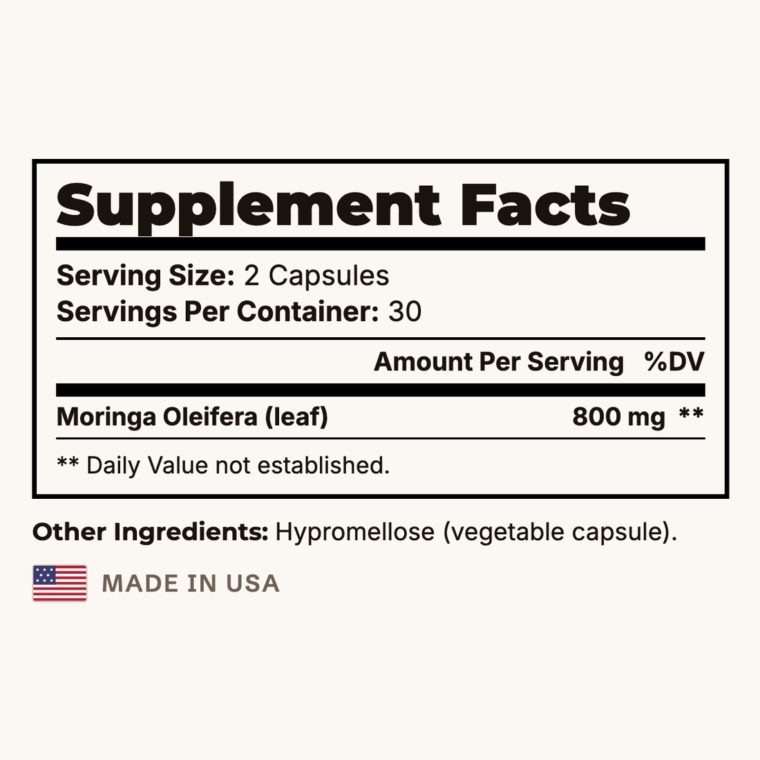 Moringa Supplement Facts panel