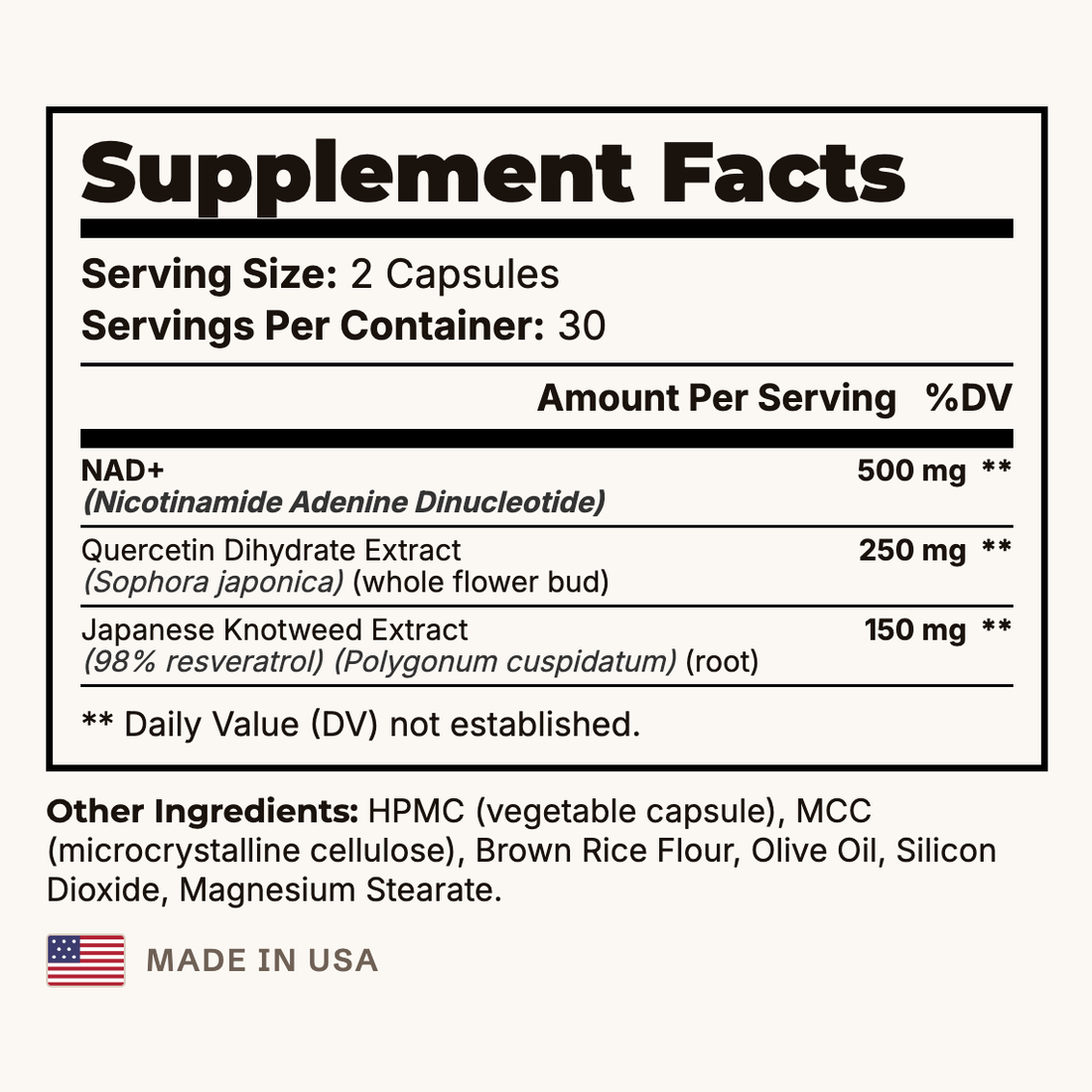 NAD+ Cellular Energy & Longevity Supplement Facts panel