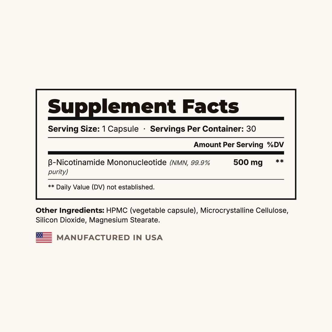 NMN Supplement Facts panel