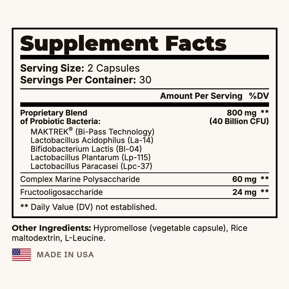 Probiotic 40B + Prebiotics Supplement Facts panel