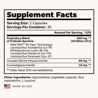Probiotic 40B + Prebiotics Supplement Facts panel