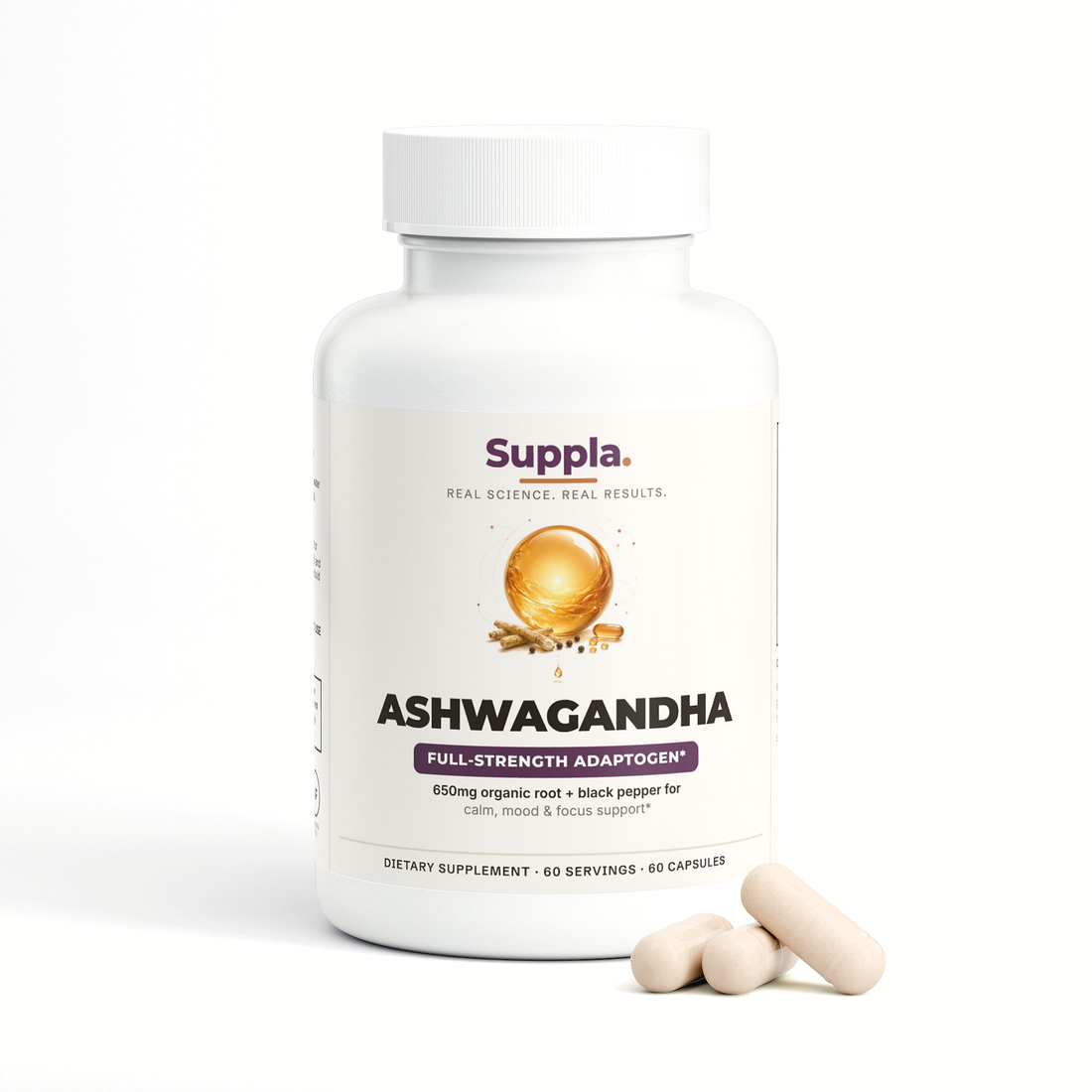 Suppla Ashwagandha, Full-Strength Adaptogen, Stress Mood and Calm Support, 60 capsules bottle