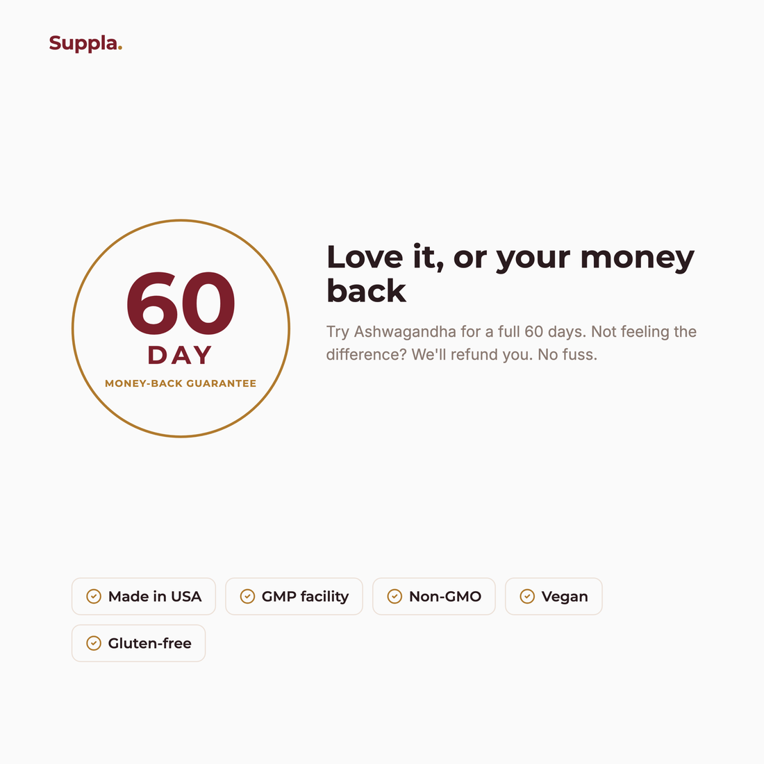 Suppla Ashwagandha 60-day money-back guarantee and quality badges