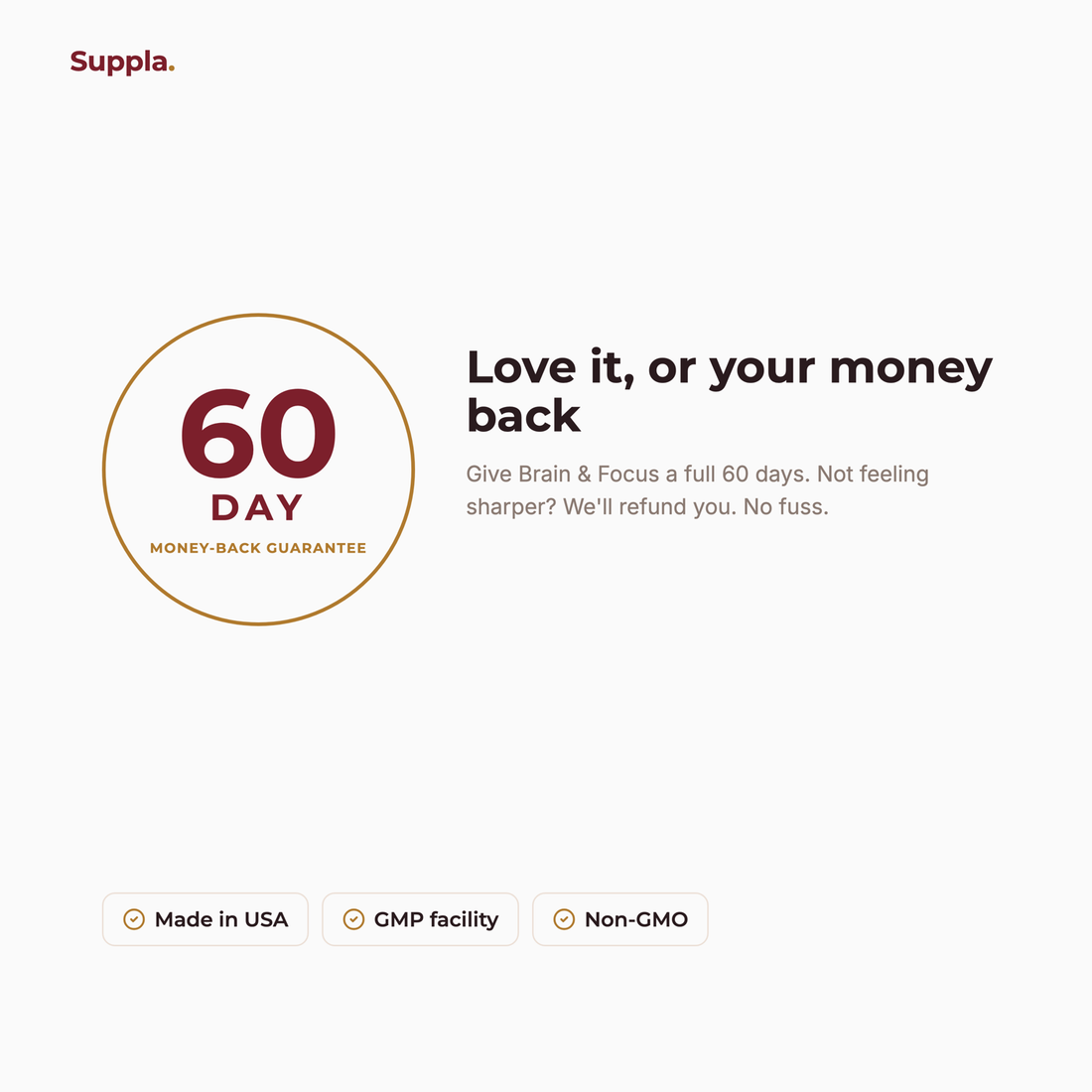 Suppla Brain & Focus 60-day money-back guarantee and quality badges