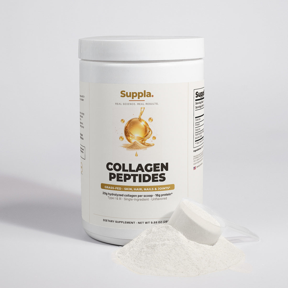 Suppla Collagen Peptides grass-fed hydrolyzed powder, front packshot