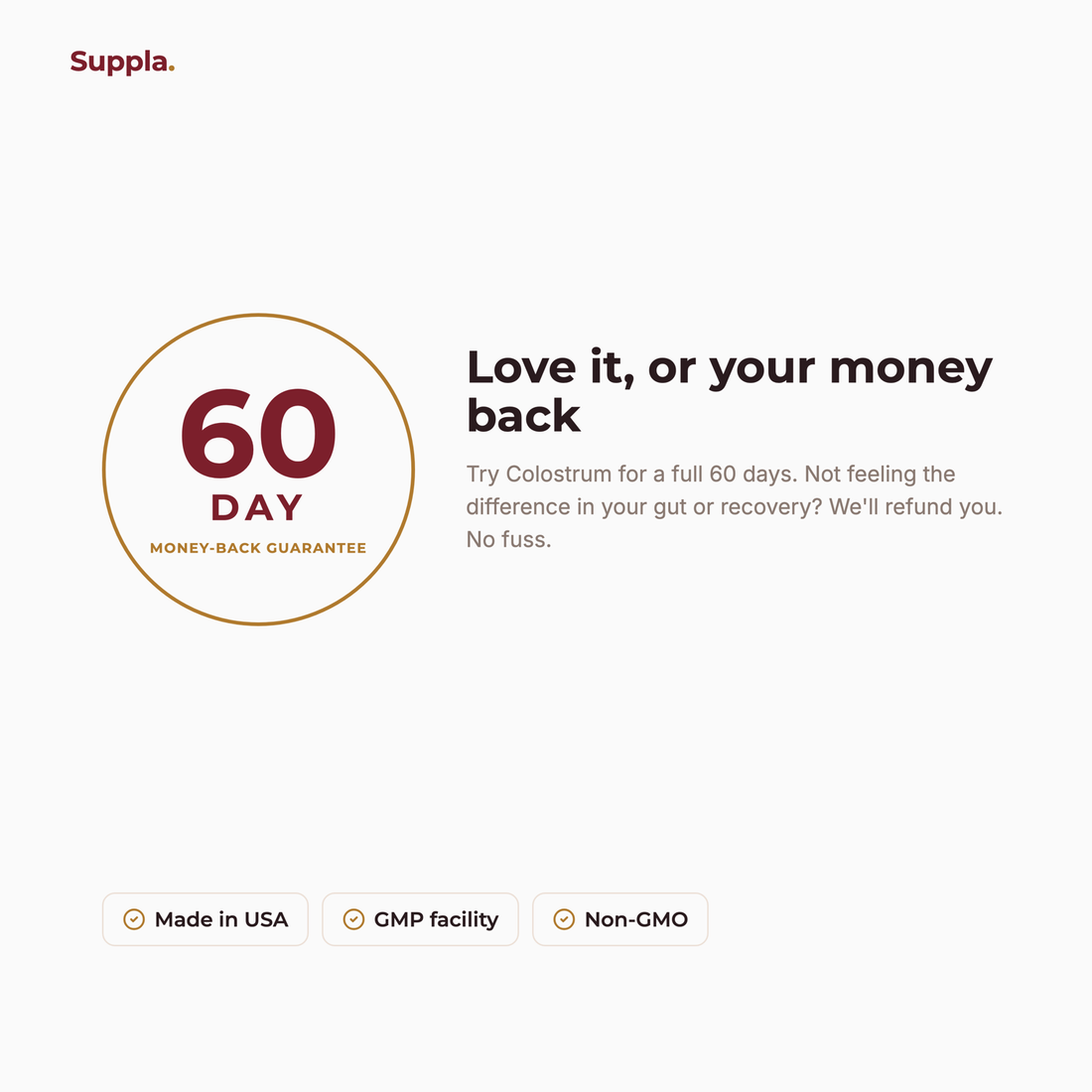 Suppla Colostrum 60-day money-back guarantee and quality badges