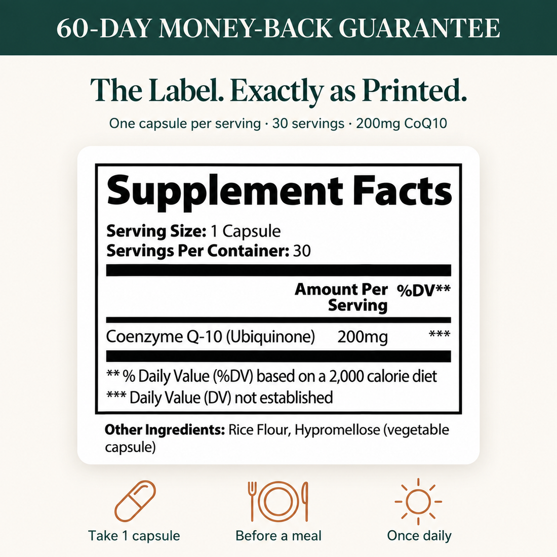 Suppla CoQ10 Supplement Facts showing 200mg ubiquinone per vegetarian capsule