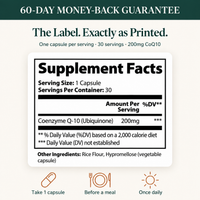 Suppla CoQ10 Supplement Facts showing 200mg ubiquinone per vegetarian capsule