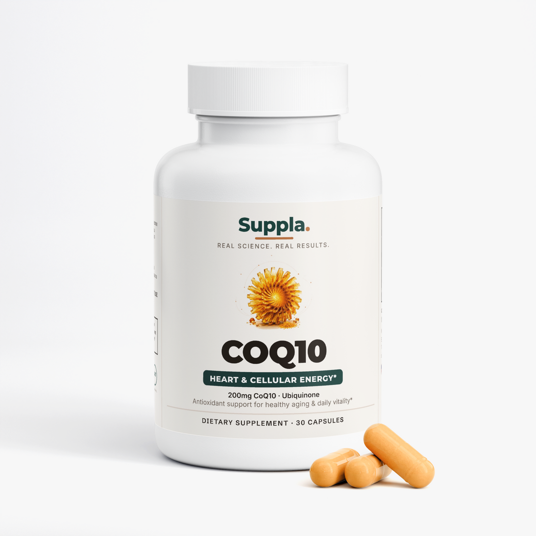 Suppla CoQ10 200mg ubiquinone supplement bottle with vegetarian capsules
