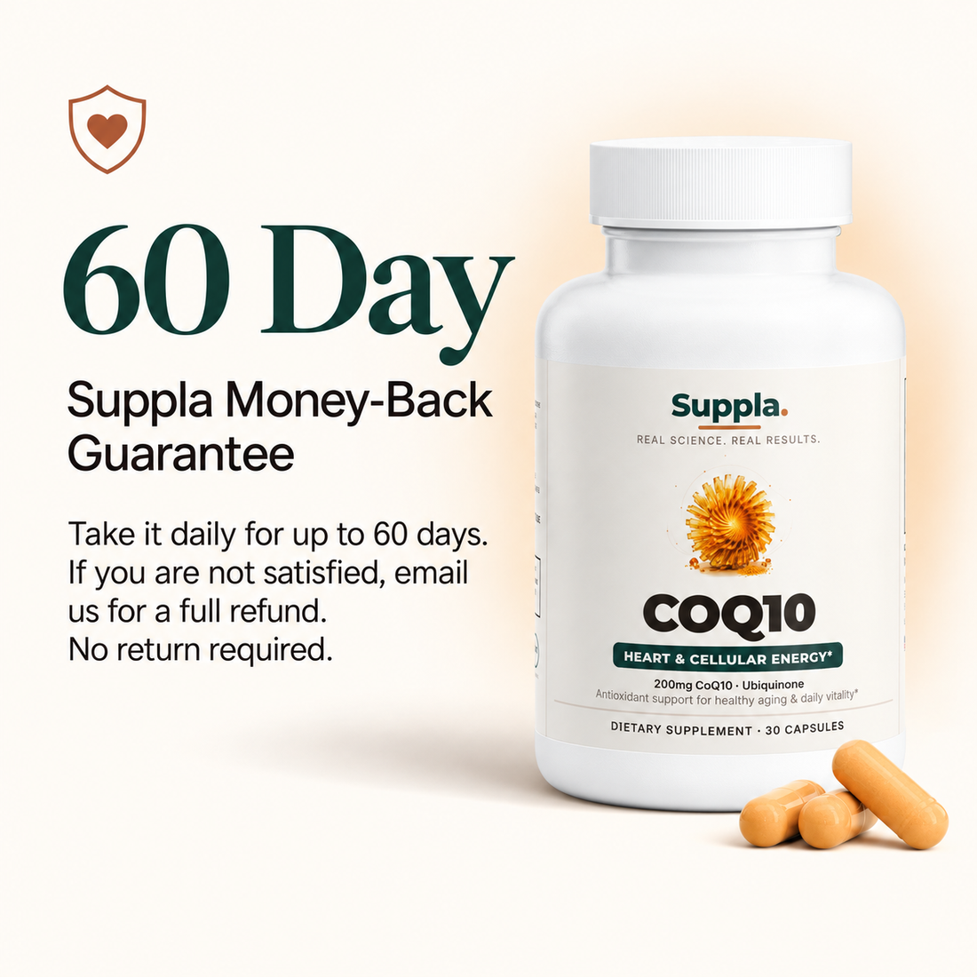 Suppla CoQ10 60-day money-back guarantee with 200mg ubiquinone bottle