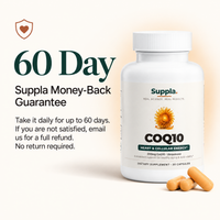 Suppla CoQ10 60-day money-back guarantee with 200mg ubiquinone bottle
