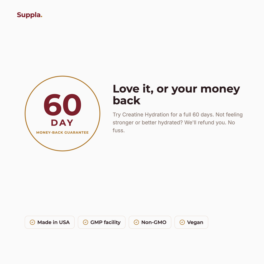 Suppla Creatine Hydration 60-day money-back guarantee and quality badges