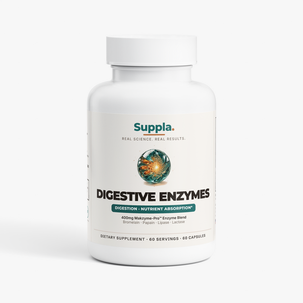 Suppla Digestive Enzymes supplement bottle with vegan-friendly capsules