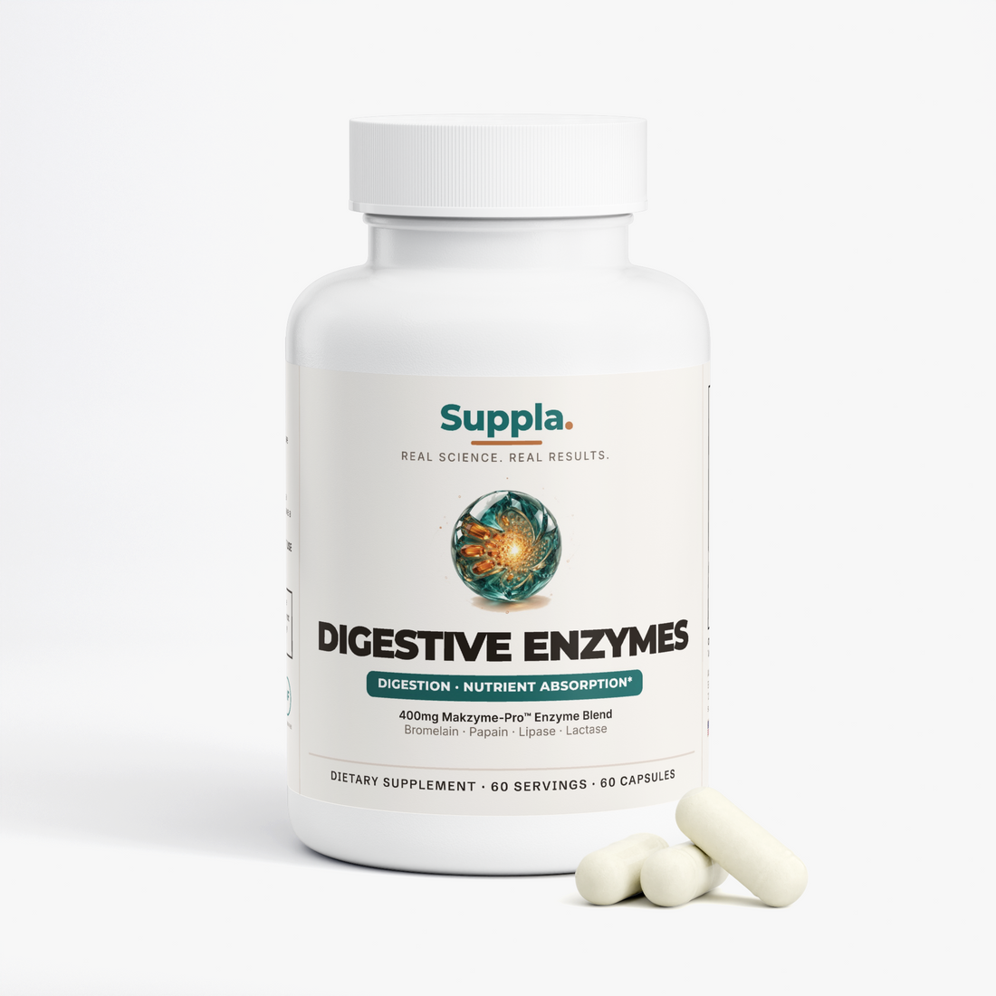 Suppla Digestive Enzymes supplement bottle with vegan-friendly capsules
