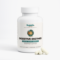 Suppla Digestive Enzymes supplement bottle with vegan-friendly capsules