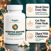 Digestive enzyme benefits for protein, fat and carbohydrate breakdown and nutrient uptake