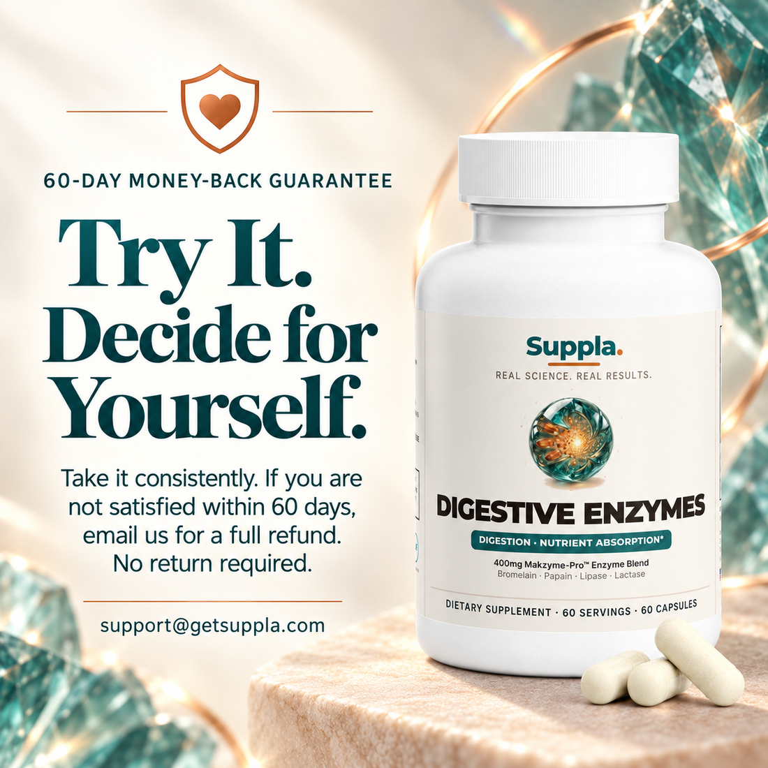 Suppla Digestive Enzymes 60-day money-back guarantee