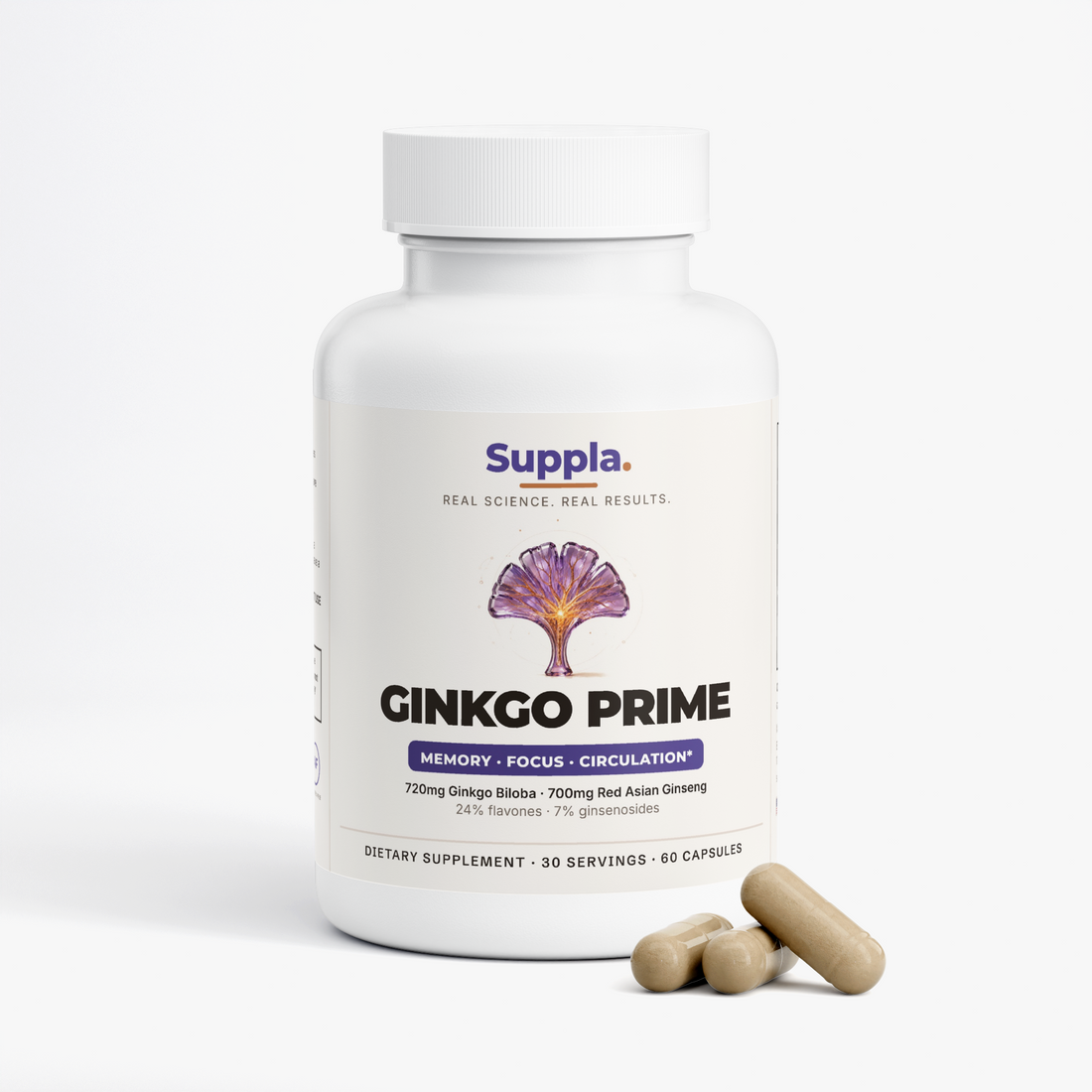 Suppla Ginkgo Biloba and Red Asian Ginseng supplement bottle with vegetarian capsules