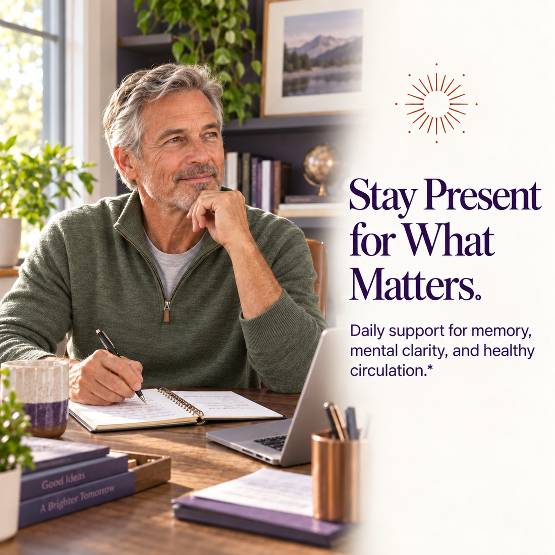 Mature man in a home office beside Ginkgo Biloba memory and mental clarity support messaging