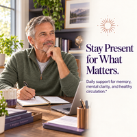 Mature man in a home office beside Ginkgo Biloba memory and mental clarity support messaging