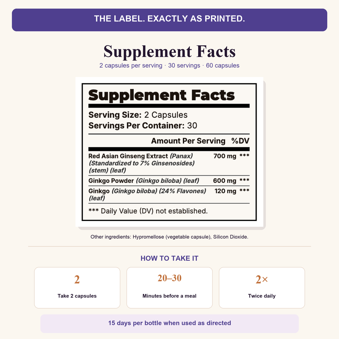 Suppla Ginkgo Biloba and Ginseng Supplement Facts and suggested use