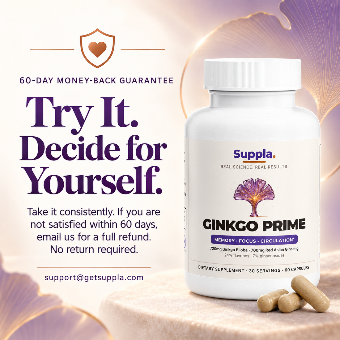 Suppla Ginkgo Biloba and Ginseng 60-day money-back guarantee