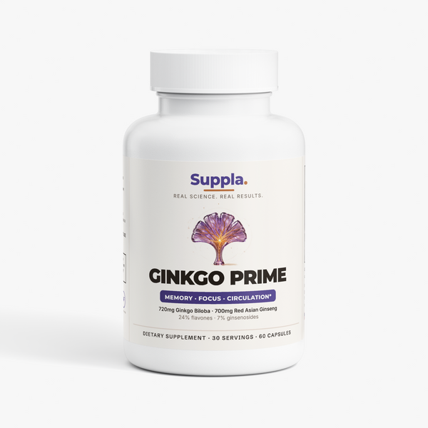 Suppla Ginkgo Biloba and Red Asian Ginseng supplement bottle with vegetarian capsules