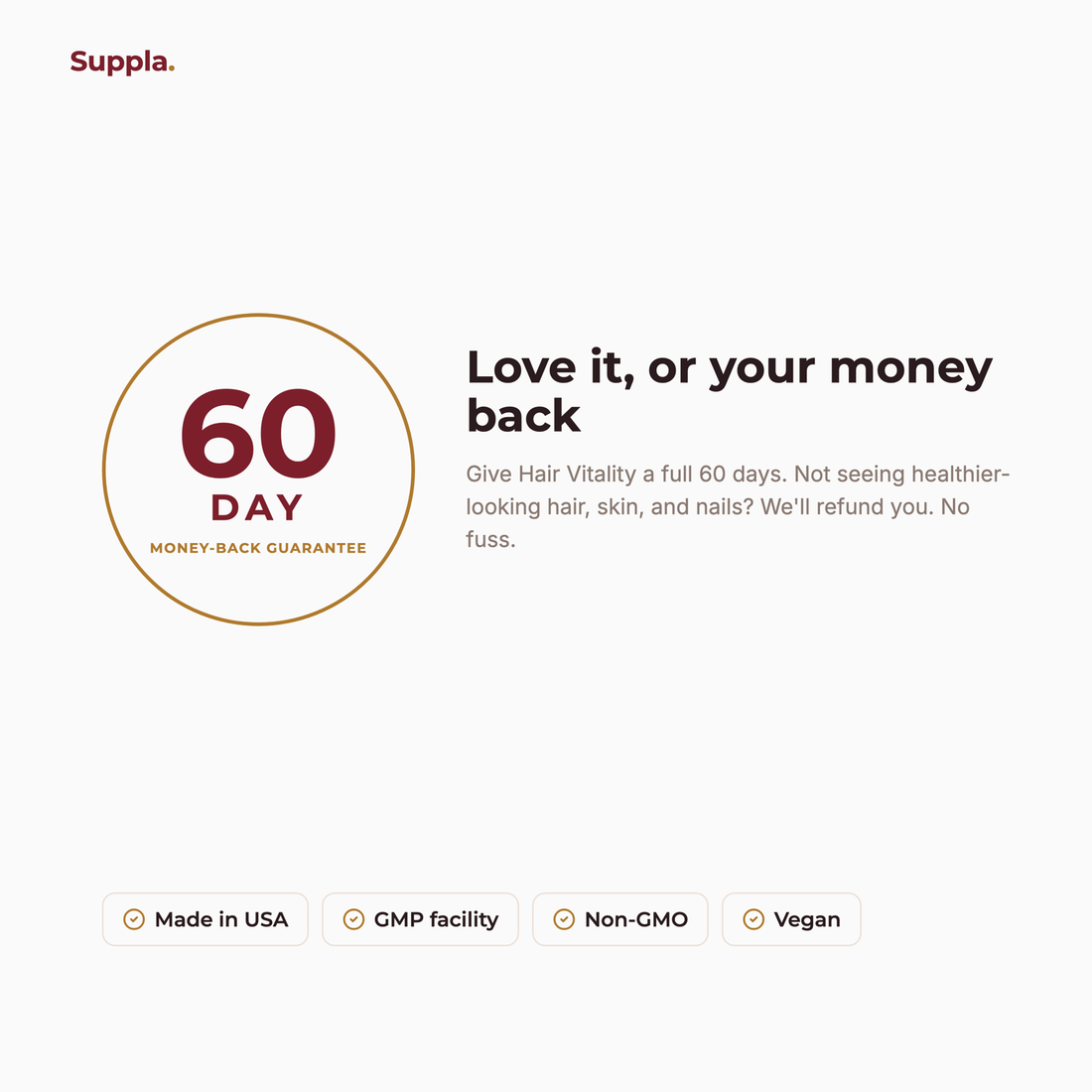 Suppla Hair Vitality 60-day money-back guarantee and quality badges