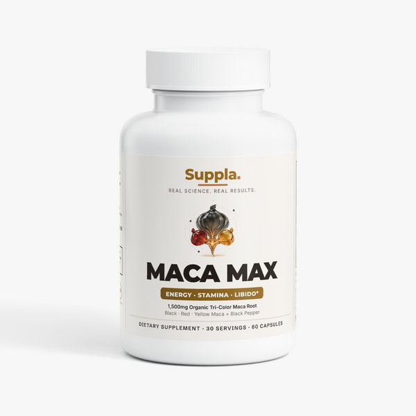 Suppla Maca Max organic maca root supplement bottle with vegetarian capsules