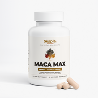 Suppla Maca Max organic maca root supplement bottle with vegetarian capsules