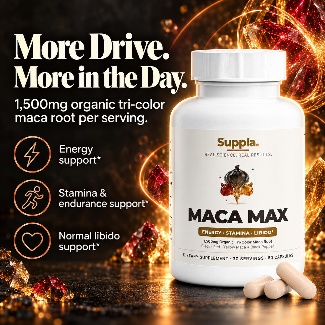 Maca Root 1500mg tri-color formula for energy, stamina and libido support