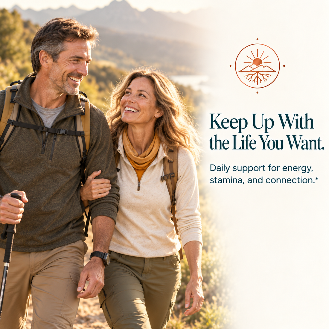 Active mature couple hiking beside maca root energy and stamina support messaging