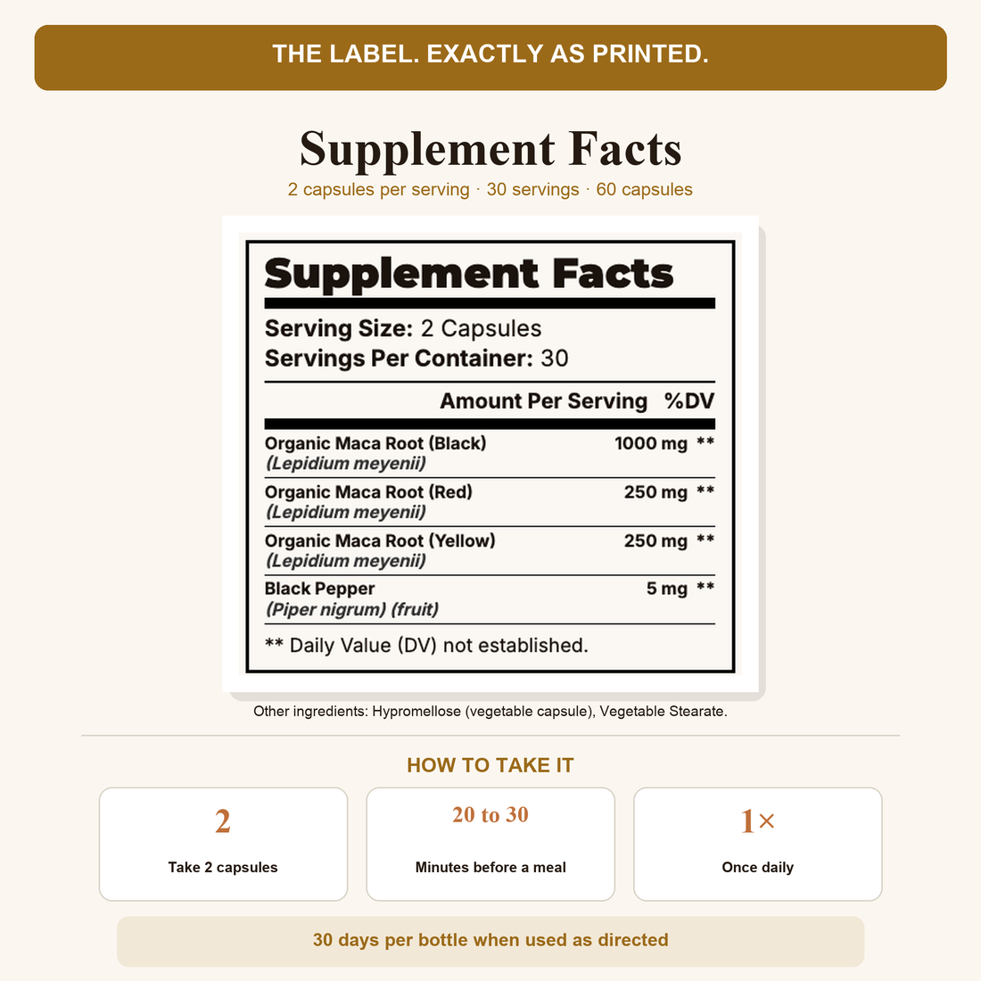 Suppla Maca Max Supplement Facts and suggested use