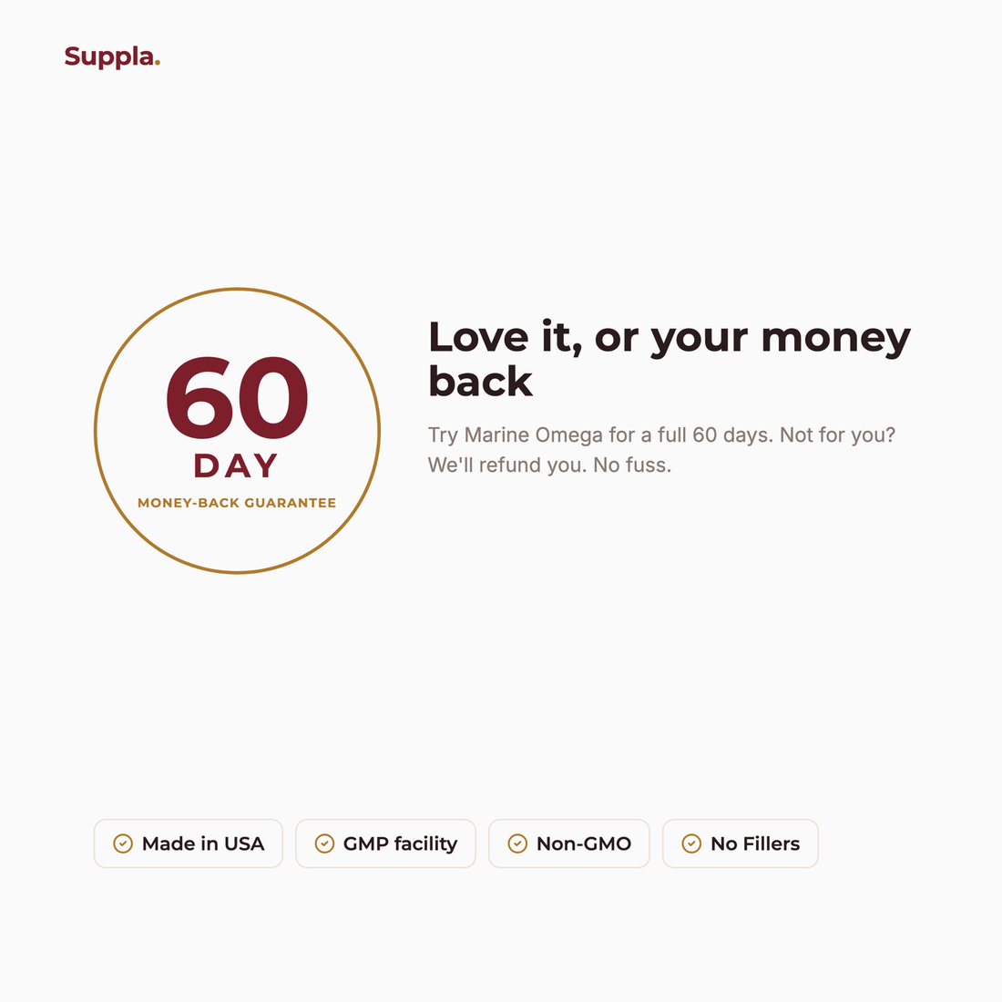 Suppla Marine Omega 60-day money-back guarantee and quality badges