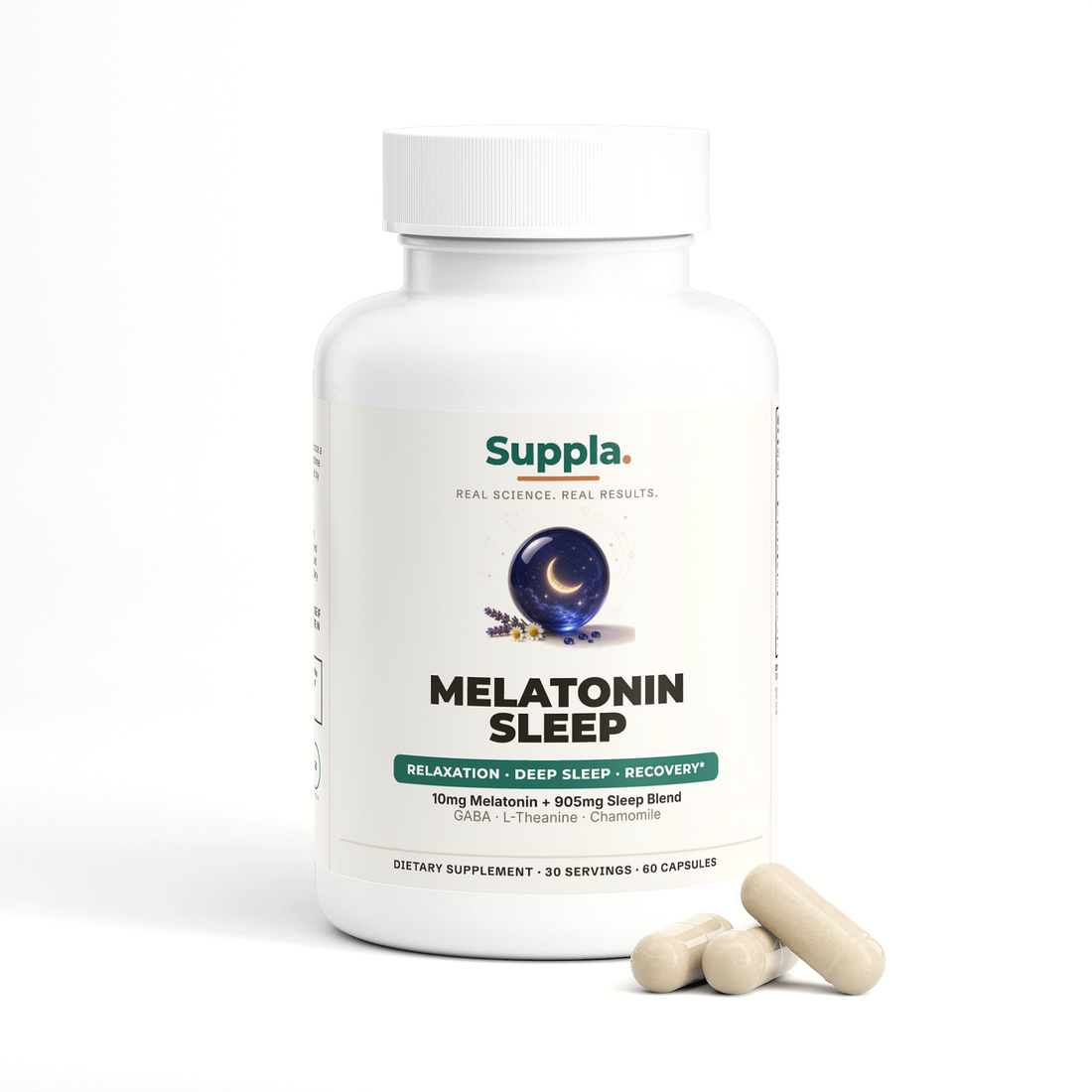Suppla Melatonin Sleep, Relaxation and Deep Sleep, melatonin plus calming botanicals, 60 capsules bottle