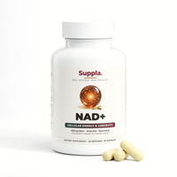 Suppla NAD+ 500mg, Cellular Energy & Longevity, with Quercetin & Resveratrol, 60 vegan capsules bottle