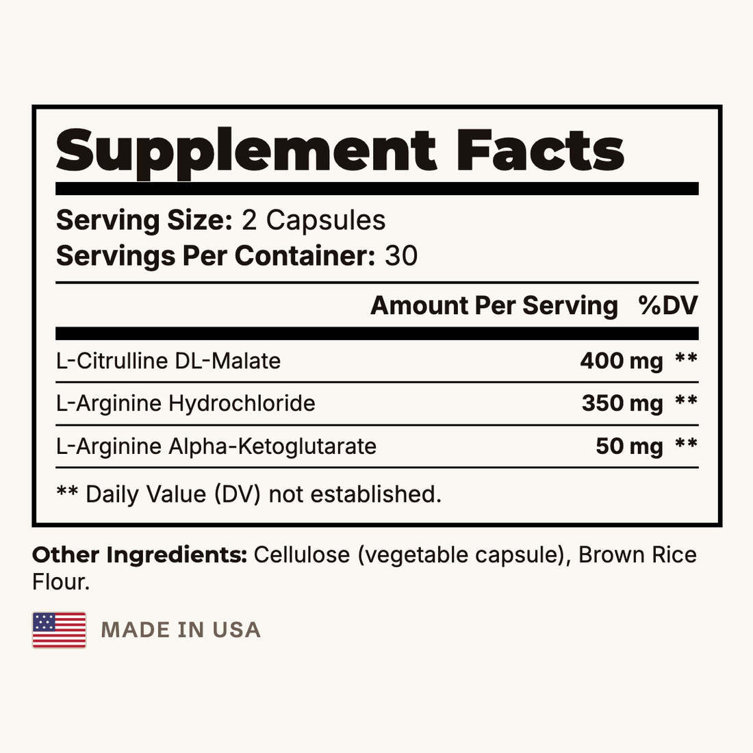 Suppla Nitric Oxide Supplement Facts panel