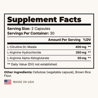 Suppla Nitric Oxide Supplement Facts panel